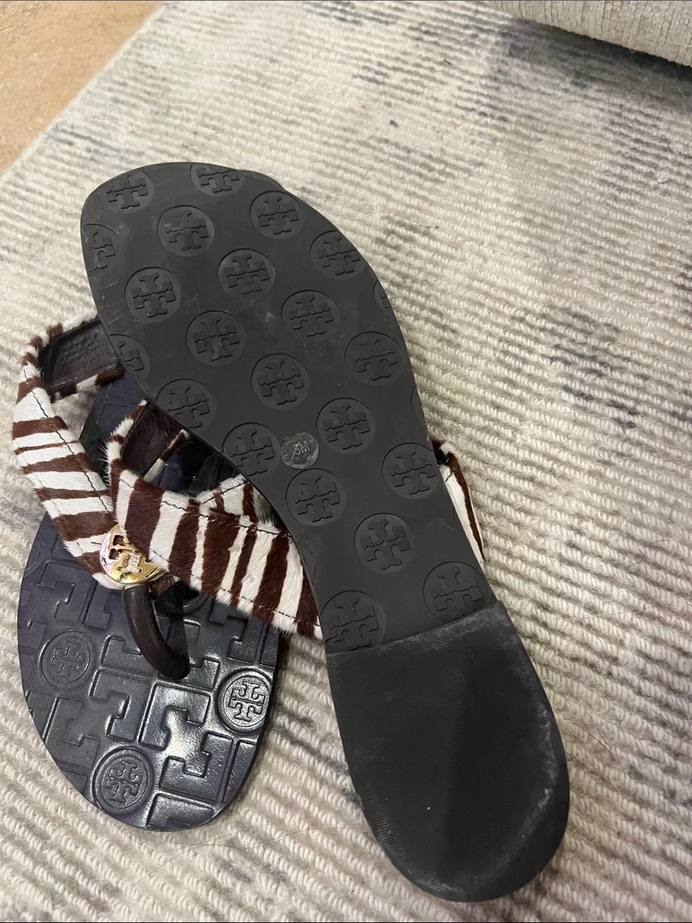 Tory Burch Brown & White Zebra Haircalf Logo Thong Sandals